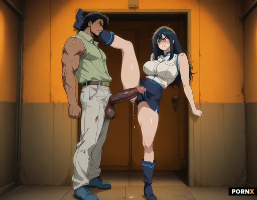 An embarrassed woman looking down staring at the huge cock of a man standing in front of her in a la