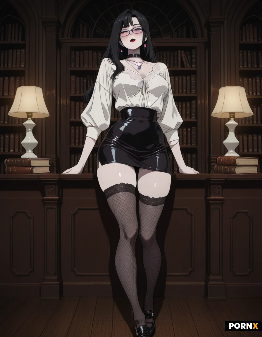 Anime-style Japanese illustration of a gothic librarian standing in a library. She has straight, shoulder-length black hair with tousled bangs, black-framed glasses, full red lips, and pale porcelain skin. Her expression is sweet and shy. She wears a semi-sheer white lace blouse with a high neck and long, puffed sleeves, a fitted black leather pencil skirt that reaches her knees, black fishnet stockings, and low-heeled black oxford shoes. A silver moon pendant necklace completes the look. Her figure is naturally curvy but not exaggerated: medium-sized breasts, a defined waist, and feminine hips. The background features dark wooden bookshelves filled with antique books, warm lamplight, and a calm and inviting atmosphere. The style is slice-of-life, with soft colors, clean line art, and a Makoto Shinkai-esque lighting influence. 4K resolution., toned thighs. A black leather collar . Dark library background with wooden shelves, dusty light rays, and a humid, lust-laden atmosphere. Fine, detailed lines, saturated colors, deep shadows, Japanese erotic visual novel style, high-quality digital illustration, 4K.