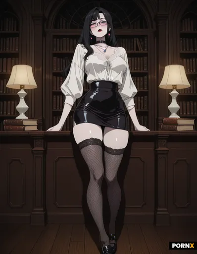 Anime-style Japanese illustration of a gothic librarian standing in a library