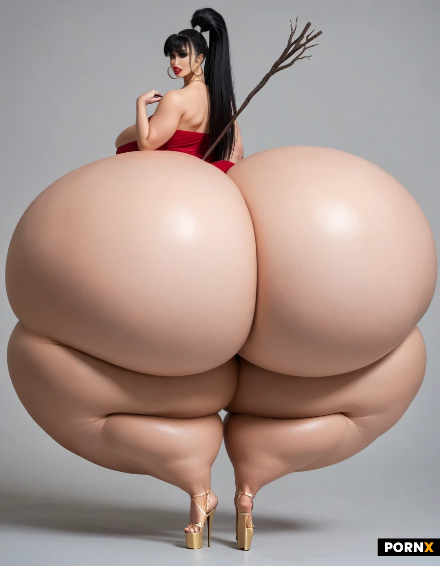 beautiful slim woman, straight red bob with bangs, fair skin, small breasts, very beautiful very exotic orintal Persian muslima girly:1.45, pretty soft round girly face, flawless, perfect, (hyper hourglass body:1.35), hyper hips:1.55, (hyper thighs:1.65), (hyper ass:1.75), massive thick wide thighs, massive thick round ass, hyper wide bbl ass:1.65, (huge hips like anime characters), ass so large they stick out, thick legs, thick and curvy body, curvy legs, phat legs, sexy leg, (thicc:1.55), massive thick round ass:1.65, gigantic buttocks:1.65, (gigantic enhanced BBL ass:1.85), (unreal hip width:1.55), (huge hips like anime characters), hyper excessive, (hyper gigantic breast implants:1.25), (hyper excessive breast volume:1.25), (excessive breast expansion:1.55), impossibly gigantic round fake tits, her fake tits are larger than her body, hyper exaggerate breast proportions, delicate features, very beautiful glowing black eyes, perfect face, beautiful face, sexy lips, very beautiful face, fit, (high ponytail:1.15), ( bangs:1.25), jet-black hair, extreme bimbo makeup, black eyeshadow, black eyeliner, white platform high heels, (platform high heels:1.15),