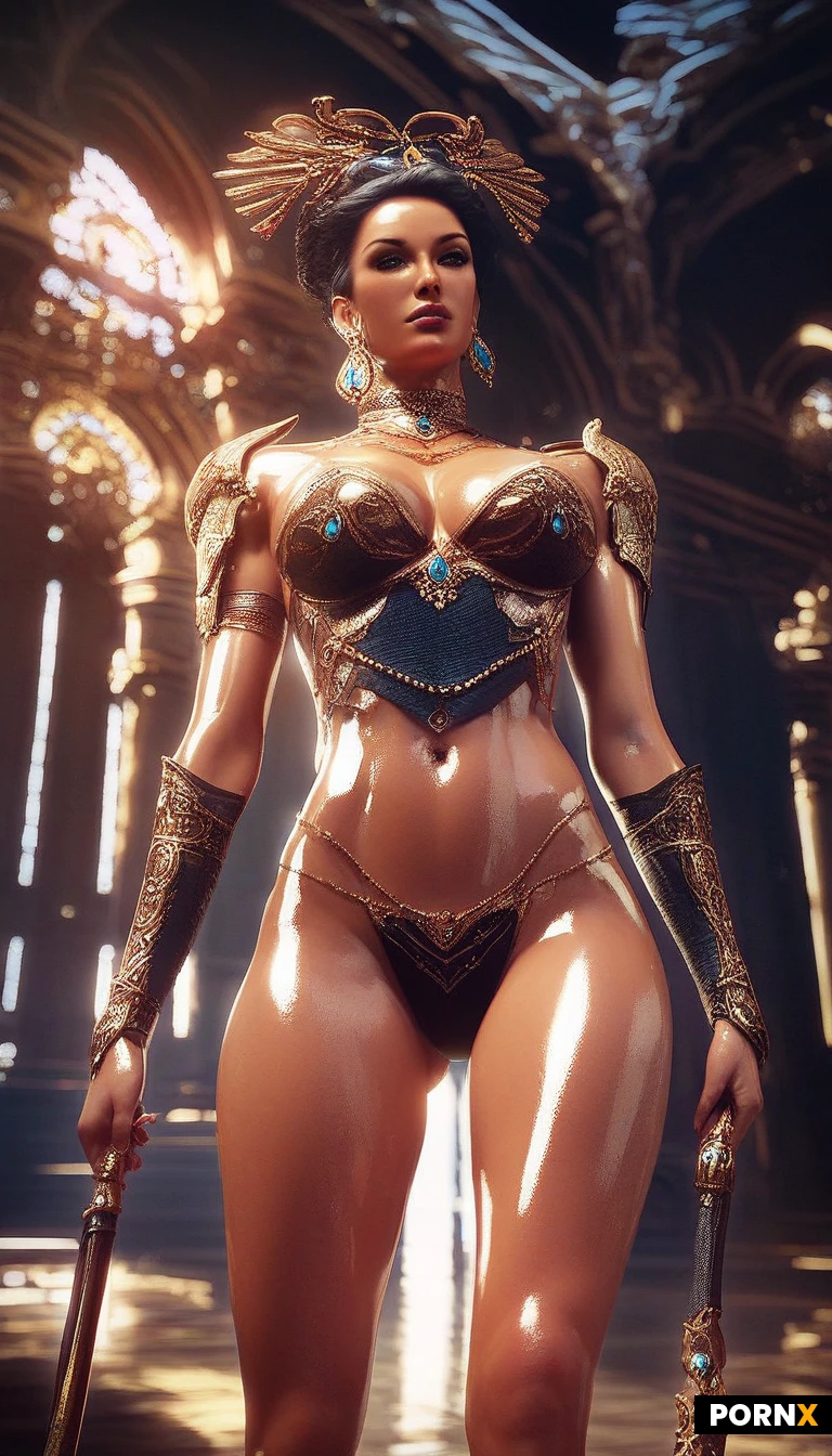 high definition, pretty warrior woman, pretty face, curved body, wide hip, fantasious armor, jewelery, oiled body, background, fantasy palace, closeup wiew, detailed face, dynamic angle