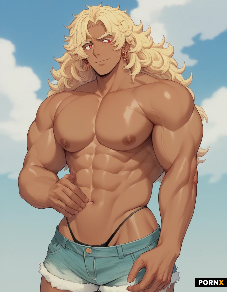 (towering 6'9" tall). Pecs. Buff athletic muscular. Swedish. Genderfluid. crossdresser.. (LGBTQ Pride flag). Anime. Thong. Wavy bangs hair. Bulging veins. Tan skin. Heavily makeup. (God body). Swole brawn physique