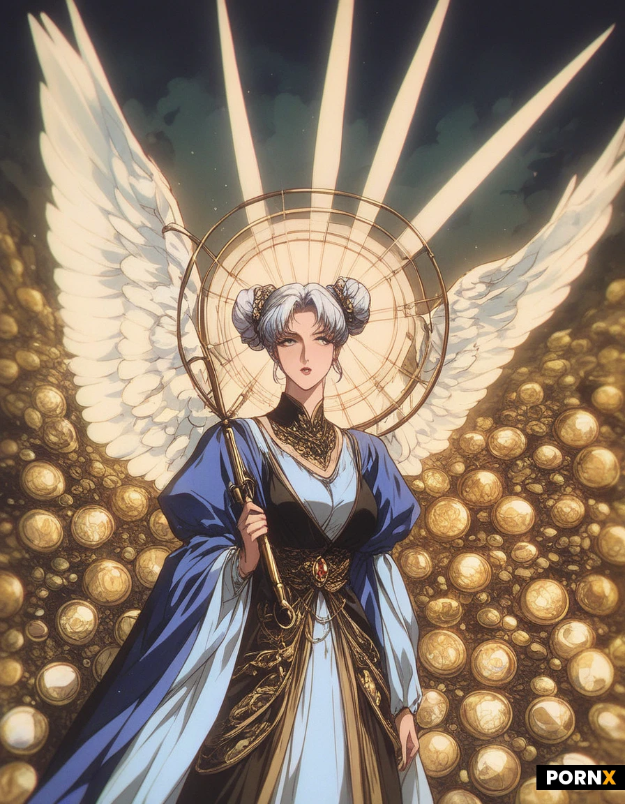 high definition, pretty angle woman, pretty face, curved body, big breast, she is floating in the air, white hair, double bun hairstyle, buns are covered with thin hair mash, ornate round plate behind her head, intricately with golden filigree. Heavy sharp-angled gold and steel pauldrons, (layered weather-worn white tight tunic robes with elegant golden patton decoration:1.3),( four large angel wings on her back with geometric feather plates:1.2), (she holding a long glowing rod with wing shape on the top, decorated with giant gems:1.4), background, castle, ,detailed face, detailed eyes, dynamic angle