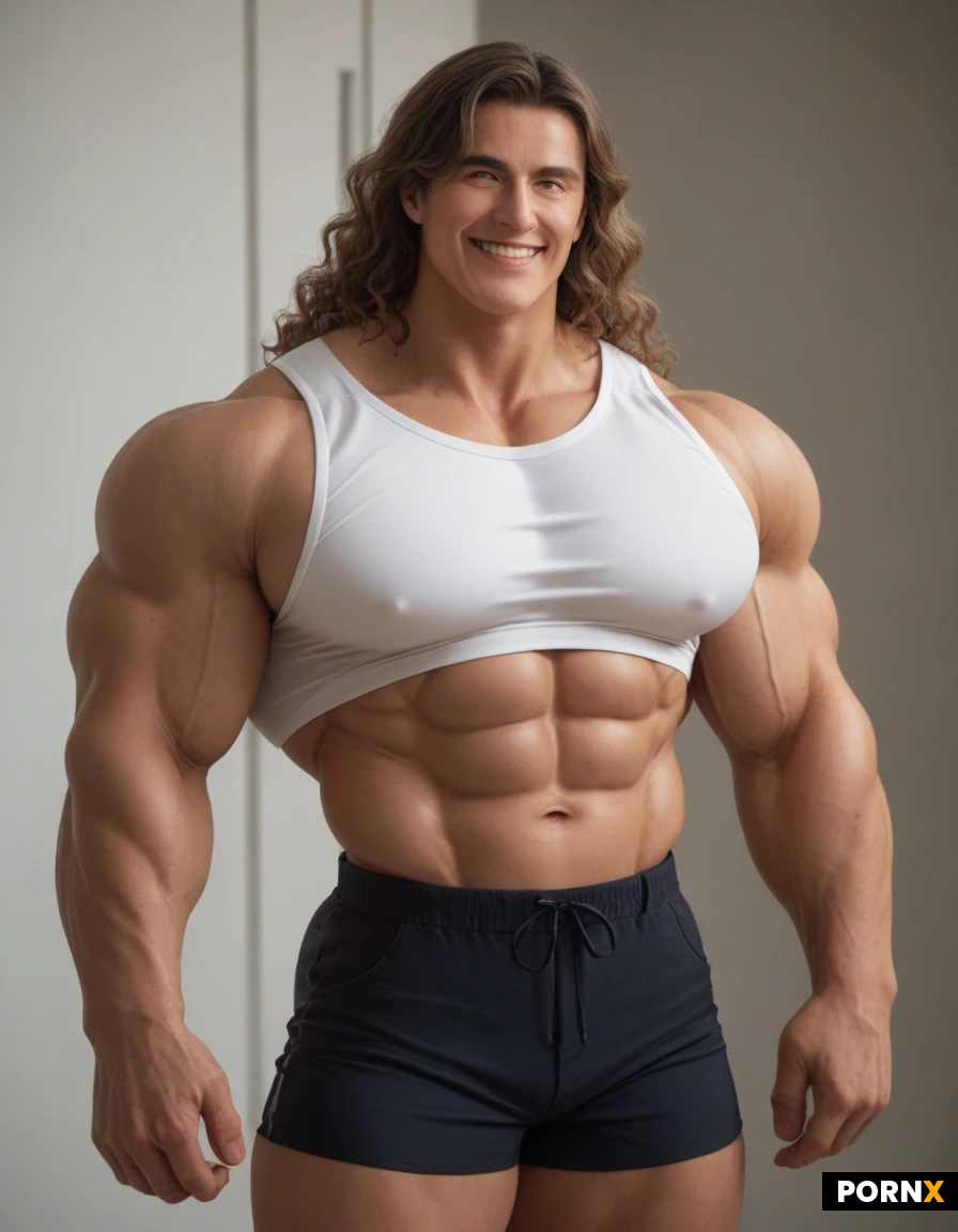 Anime. Goddess. Steroid muscular. Buff. Thick bulging muscular physique. Longsleeve top. Shorts. Lats. Bangs wavy hair. Glamour. Smile. Large pecs. Broad