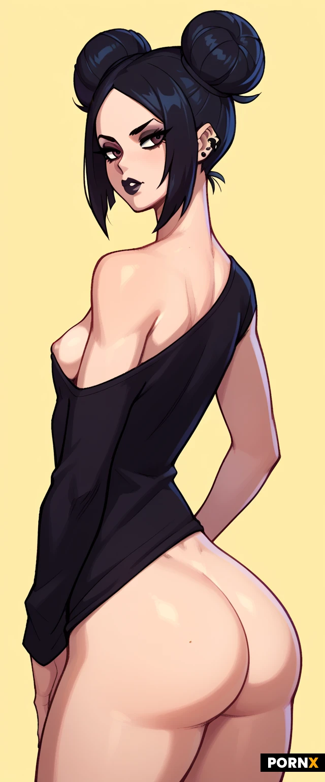 One woman, goth, white, 18 years old, sexy, brown eyes, black hair, twin buns, short, small breasts, perky breasts, small ass, midriff, hip lines, skinny, hip lines, oversized black shirt