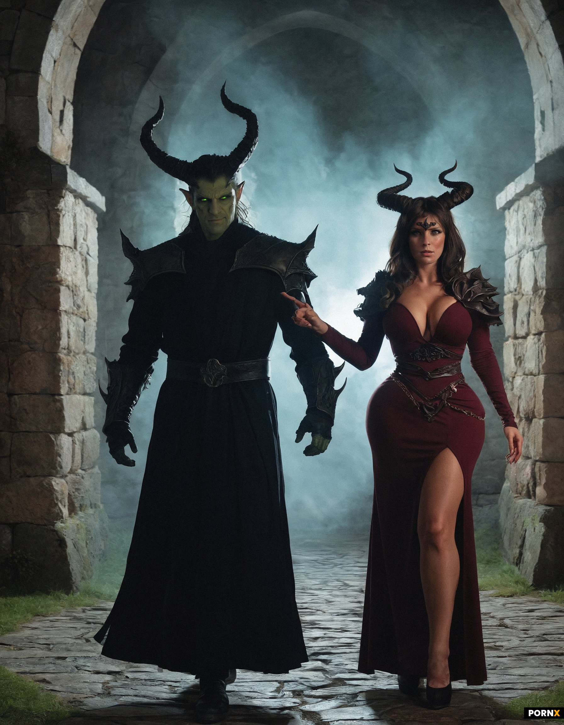 A male sorcerer in a robe walks beside a beautiful female demon near a stone castle