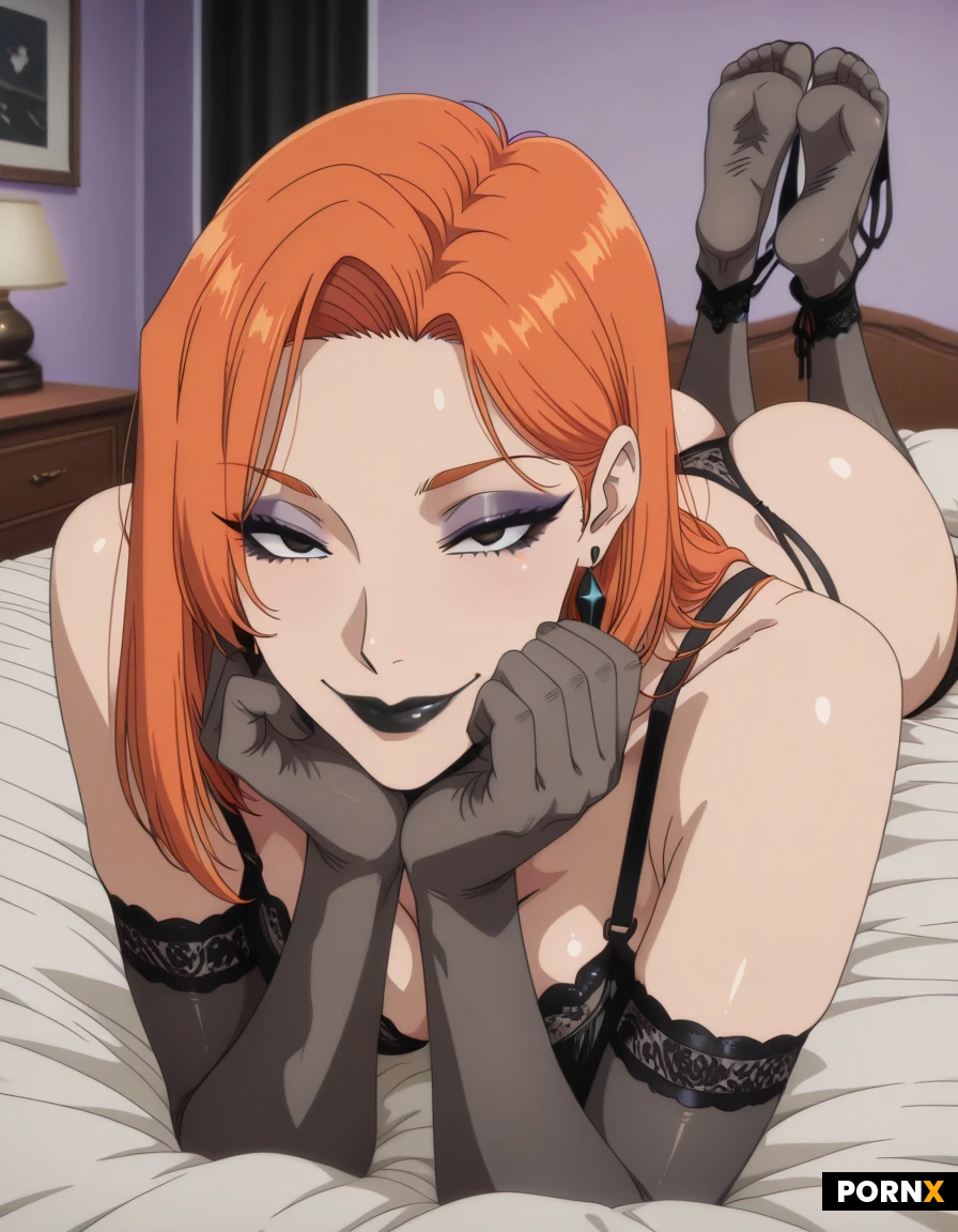 goth, orange hair, eyeshadow, black eyes, black lipstick, black lingerie, arm stockings, stockings, earrings, sexy smile, laying on stomach, bedroom, on bed, feet in the air, thong around ankle.