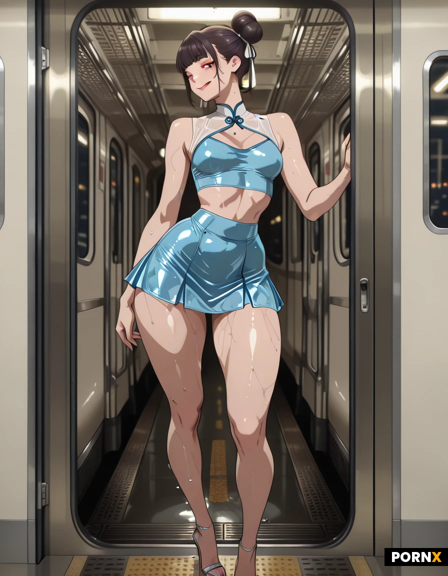 A beautiful Chinese woman in her mid-20s with glossy dark brunette hair styled into two high buns tied with crisp white ribbons gazes confidently toward the incoming train, her full cheeks flushed and eyes bright, while a slight, mischievous smile plays on her full lips. She flaunts a svelte, tiny waist, perky small breasts, and a dramatically curvaceous, round ass that bulges over a pair of form-fitting, ultra-tight blue sleeveless crop top and matching mini-skirt, the fabric clinging to her thick, muscular thighs and highlighting the generous hip curve, all completed by sleek white open-toe high-heel shoes that accentuate her long, arched calves. The scene is lit by the harsh, cool fluorescents of Canal Street train station mixed with a soft rim of amber light from the approaching train, casting subtle reflections on the wet platform while a low, side-profile camera angle with shallow depth of field captures her from the hips up, emphasizing the curve of her backside against the gritty urban backdrop. The speeding train arrives in the background, its metallic doors sliding open, adding dynamic motion and a hint of steam, rendered in hyper-realistic digital art style with ultra-high detail textures and cinematic lighting.