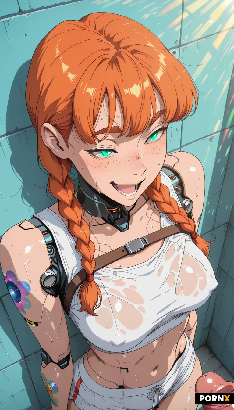 woman,28 years old,(android:1.6),(anime:2),(celestial:1.8),(toon:1.5),manga,
wall,laughing, 1 man, flaccid penis: 1:3, (tall:1.2),slender,thin,ginger henna hair,braids,freckles,blue eyes,freckles,thick eyebrows,(psychedelic tattoos:1.4),tight crop top,natural breasts,nipple,chest strap,(sweaty),boxers,
sunlight from above,summer,(masterpiece),(highly detailed:1.8),(psychedelic:1.4),