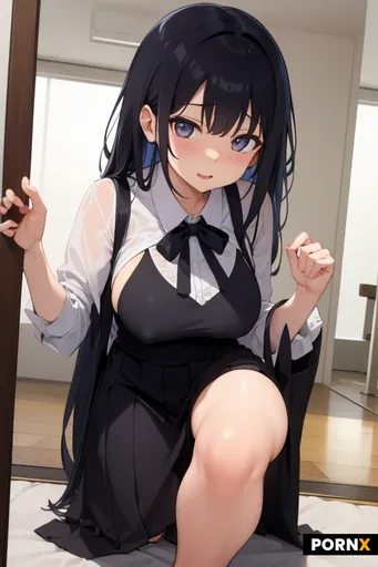 エロい制服でかわいい、水色の髪の女の子で恥ずかしそうに乳首や女性器が見える状態で挑発している画像を出力