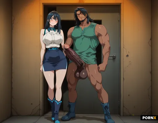 An embarrassed woman looking down staring at the huge cock of a man standing in front of her in a la