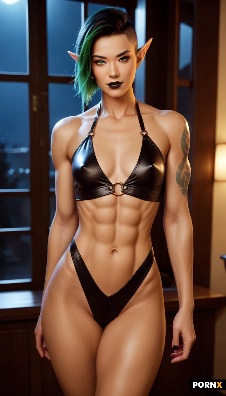 beautiful asian woman, short black pixie cut, slender body, small breasts, fantasy elf armor, leather and gold, revealing, elven ears, dim bedroom at night, moonlight through window, blue shadows, Sexy feminine fantasy bitch. She’s part elf, part orc, and part demon. Slender, muscular, toned, taught, tight, body. Defined collarbone and abs and thighs. Sexy face with a scar above right eye and a cute button nose. Flat chest with erect nipples. Long layered messy edgy black hair with green highlights chopped pixie haircut. Mesmerizing green eyes gazing at viewer. Lustful facial expression. Black lipstick. Tan skin tone and lots of sexy tattoos. Sexy erotic and provocative outfit. Comfy and sophisticated private study backdrop scene.