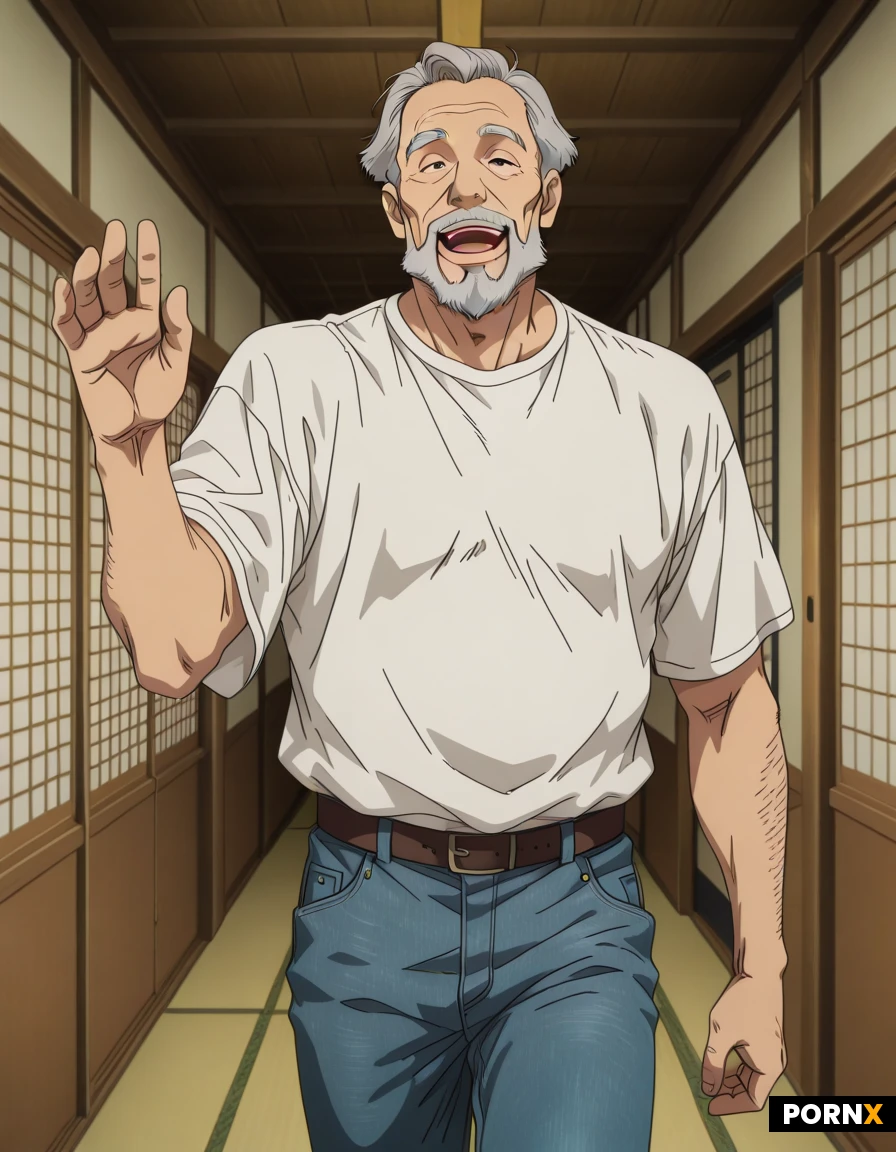 , ((1man beard,)) solo, short_hair, ((old man)) white_shirt, denim, blue_jeans, , japanese house, hallway, open mouth to talk