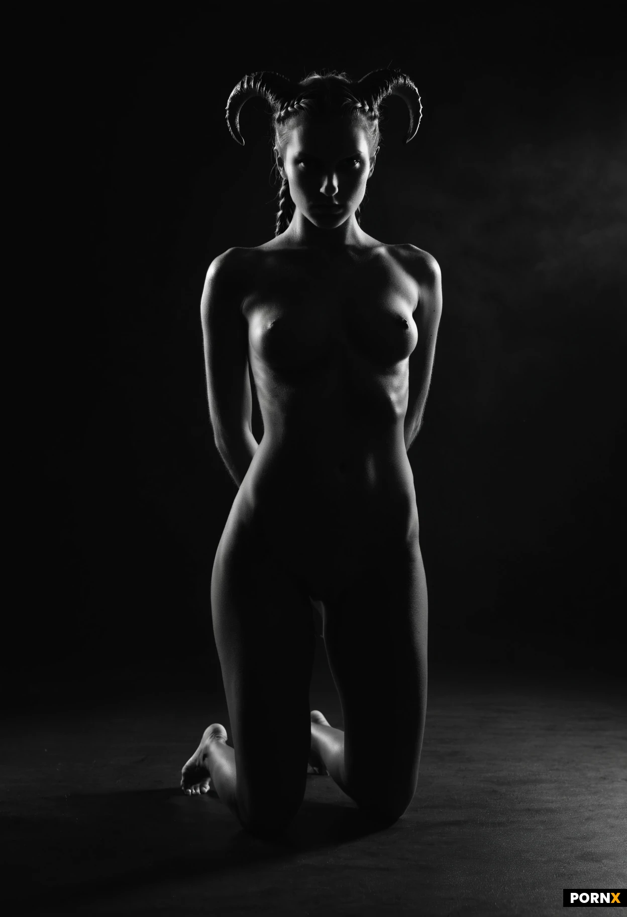 Fine art photography, silhouette of a single 20-year-old Icelandic succubus woman. She stands back to the viewer, legs spread wide with knees crossed in an elegant X-shape. She has short horns, pale skin, and a double braid hairstyle. She has small breasts. Strong backlighting creates a dramatic silhouette; the light is so intense behind her that it outlines her body, clearly showing the silhouette of her naked pussy against the dark background. Hegre Art style, elegant pose, intimate atmosphere, no body hair, high detail, 8k resolution.