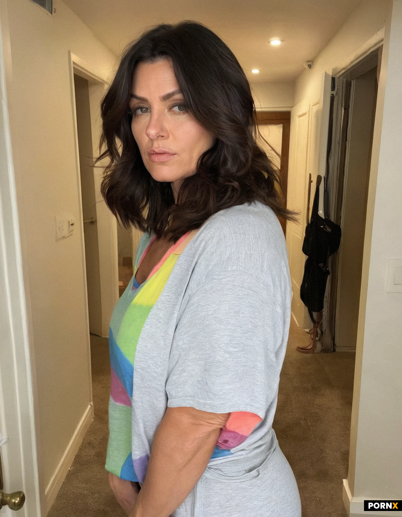 A 30 year old natural milf with a tired look, wearing an oversize colorful t-shirt and grey sweatpants and messy brunette hair. Curvy body. No makeup, but heavy eye-bags. Despite tired gaze, trying to look seductive. Apartment hallway as background