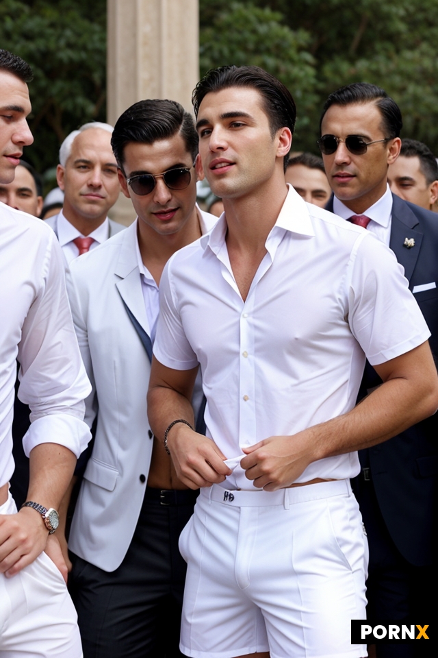 One guy in his white shorts is kissed by many businessmen and men in formal suits around