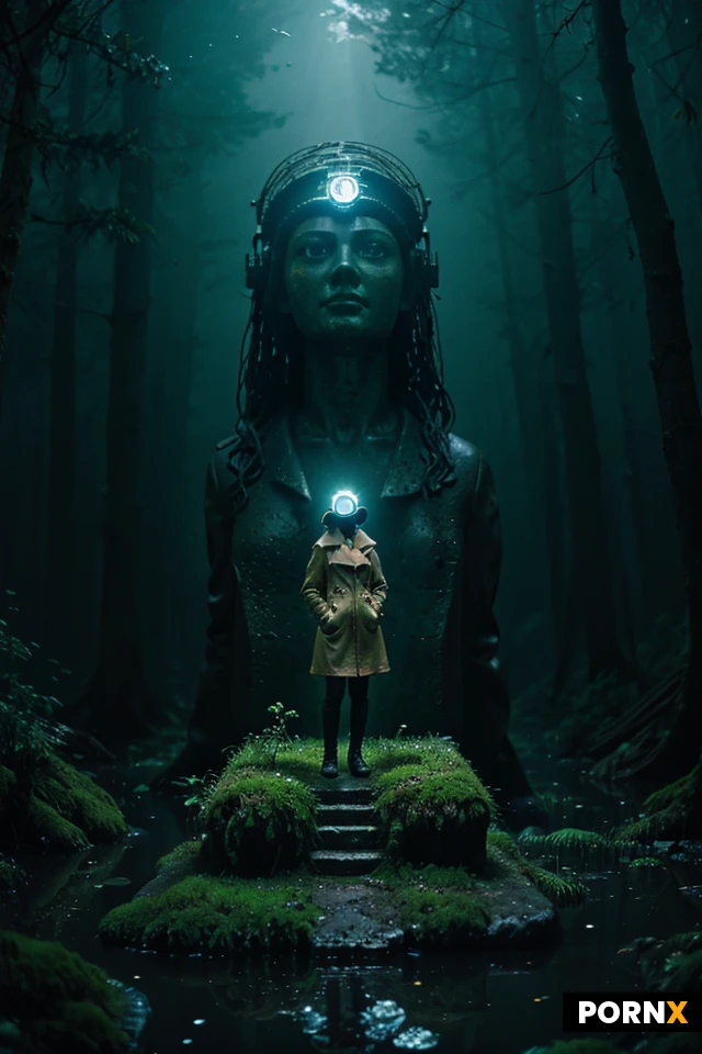 Cinematic hyperrealistic surreal landscape. A colossal, ancient stone statue of a forgotten deity rests half-sunken in a glowing bioluminescent swamp. The statue's eyes are glowing with a soft, pulsating blue light. Swarms of tiny, glowing mechanical fireflies hover around its weathered face. In the foreground, standing on a tiny, moss-covered wooden boat, is a lone female explorer in a vintage leather trench coat and glowing goggles. She is looking up at the giant face, holding a glowing compass. The atmosphere is mysterious, alien, and deeply atmospheric. Volumetric fog, rich deep green and blue color grading, dramatic scale contrast, 8k resolution, photorealistic, highly detailed textures of wet stone and moss.