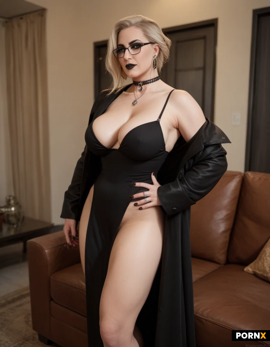 3 persons, Middleaged man fucking 20 year old Goth woman on a couch in a living room. He fucks her doggysryle. A middleaged woman walks in the door and is horrorfied what she sees. The Goth woman sees the middleaged woman and smiles triumphantly. The goth woman is extremely beautiful. The middleaged woman is wearing glasses, blonde hair, long coat