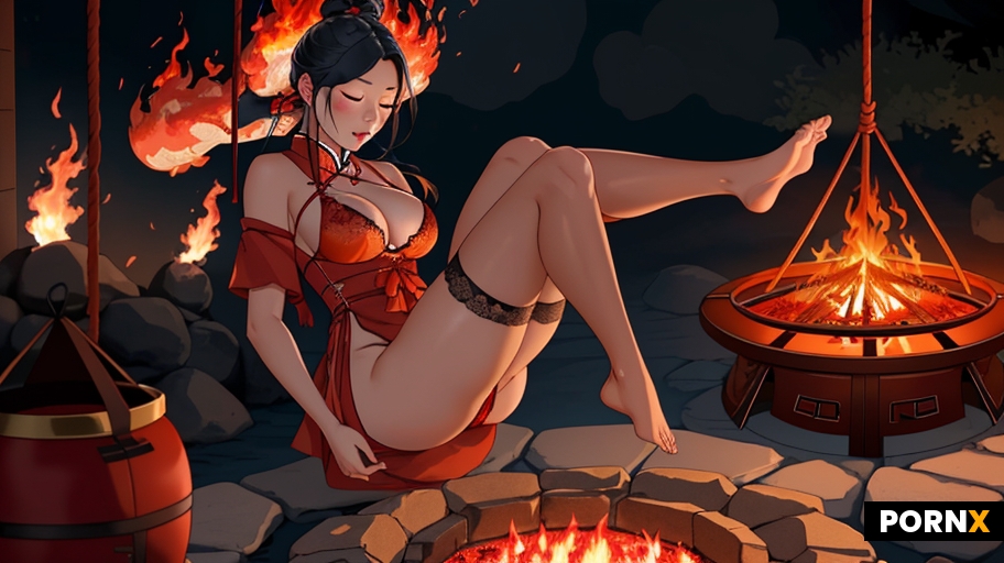 Japanese woman in shibari dangling in the air in ropes over a raging firepit with tall engulfing fla