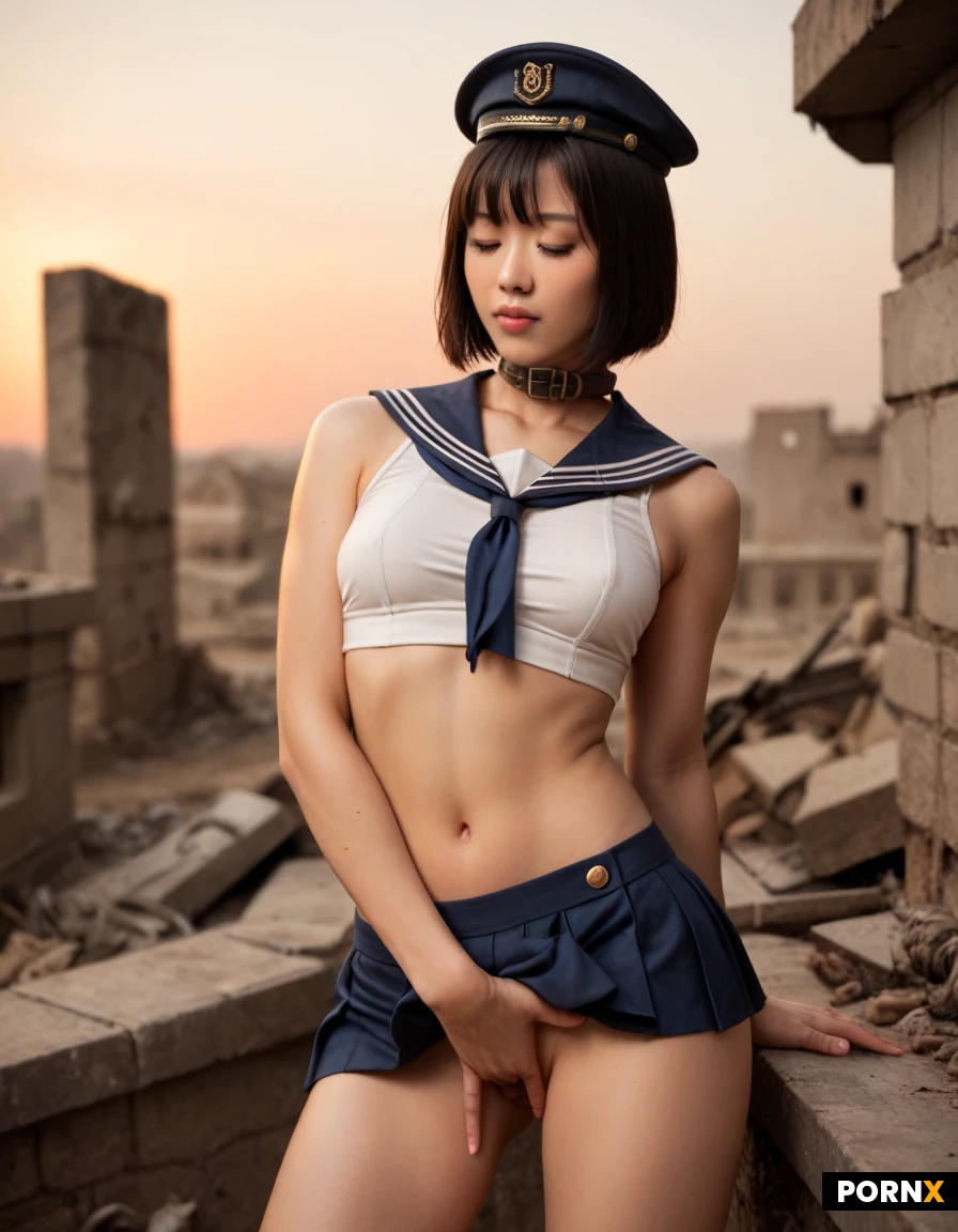 beautiful slender asian woman, black bob with bangs, slim body, small breasts, fingering herself, hand between legs, masturbation, eyes closed, sailor uniform, white crop top, navy collar, mini skirt, sailor hat, post-apocalyptic wasteland, ruins, dust, orange sky