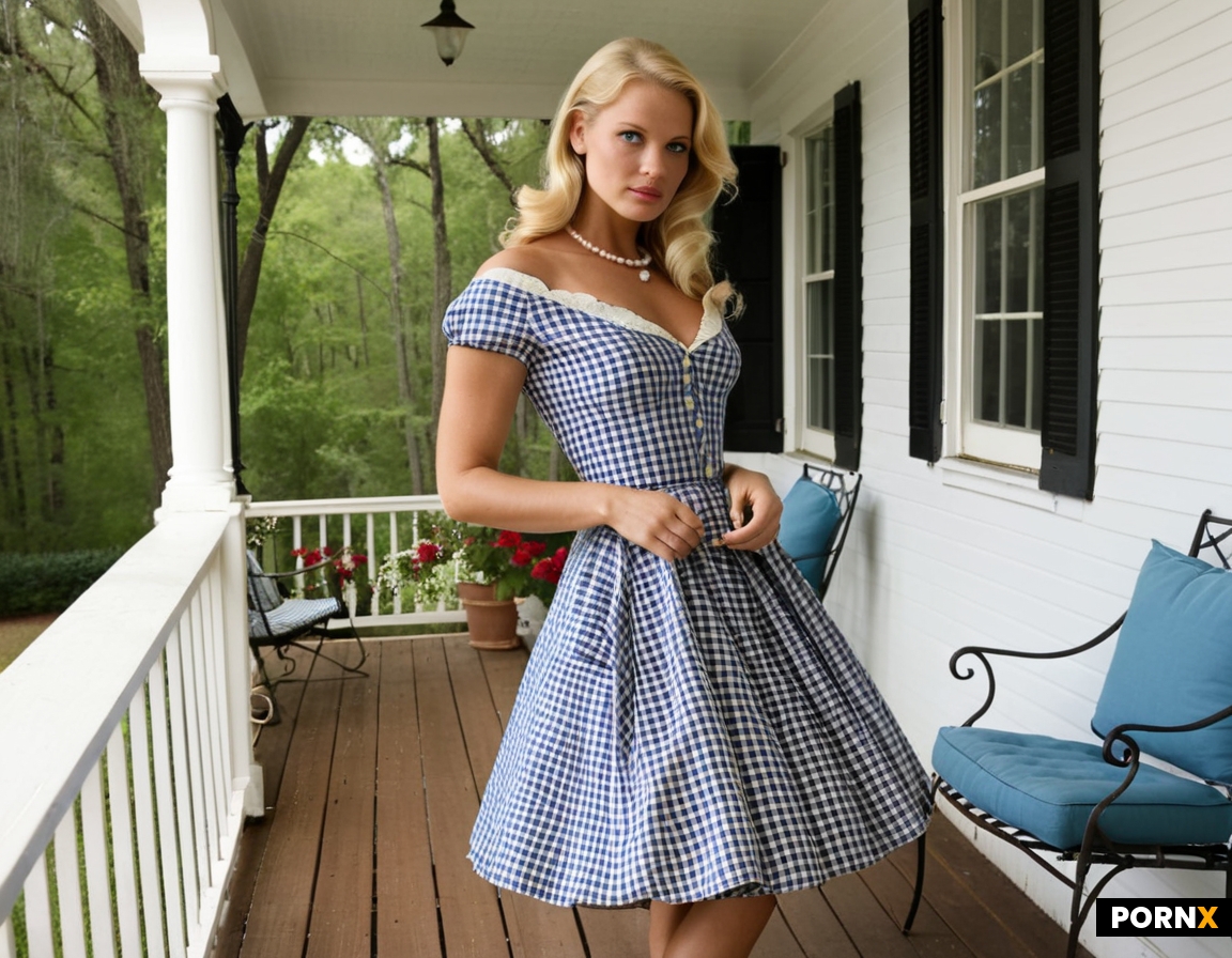 A blonde woman is wearing a gingham dress