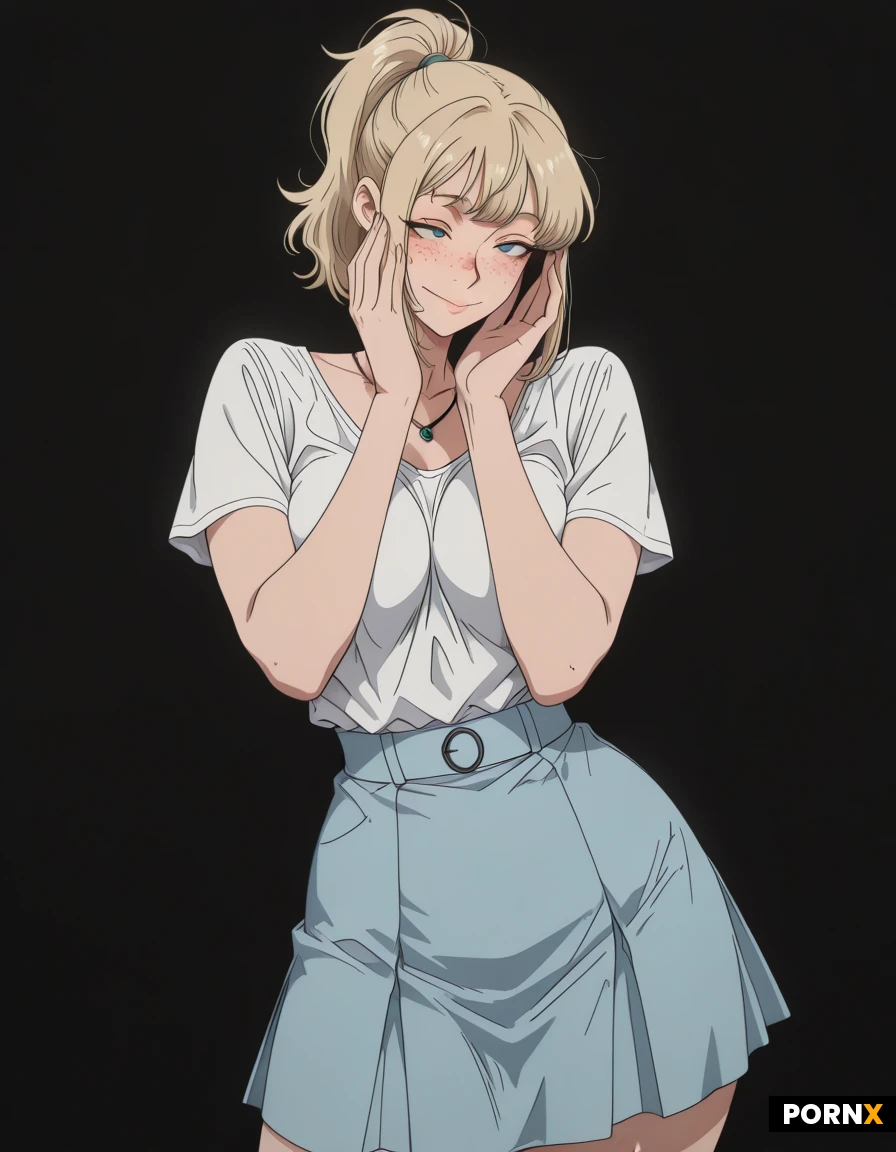 1girl, standing before a black background, busty, cute face, freckles, ponytail, blond hair, Adorable face, sky blue skirt, small silver top, necklace, funny, posing for a model photo, looking at camera, seducing, perfect hands, highly detailed, octane render, cinematic, highly detailed and intricate, rich deep colors, hips up picture