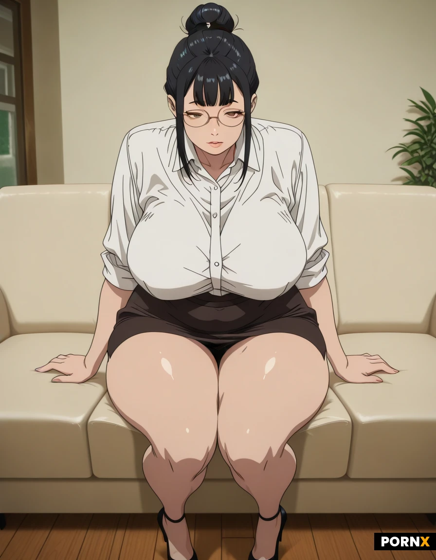 Woman, One, 40_years_old, light_skin, busty,thick,chubby,Huge_breasts,Rounded_breasts,Huge_hips, Black_hair,Slick_hair,Hair_bun,Tranquil_eyes,Brown_eyes,Small_nose, busty_lips,glasses,Office_shirt,Skirt,high_heels,Living_room, Couch, Day_light, 2D, Anime, Octane_render