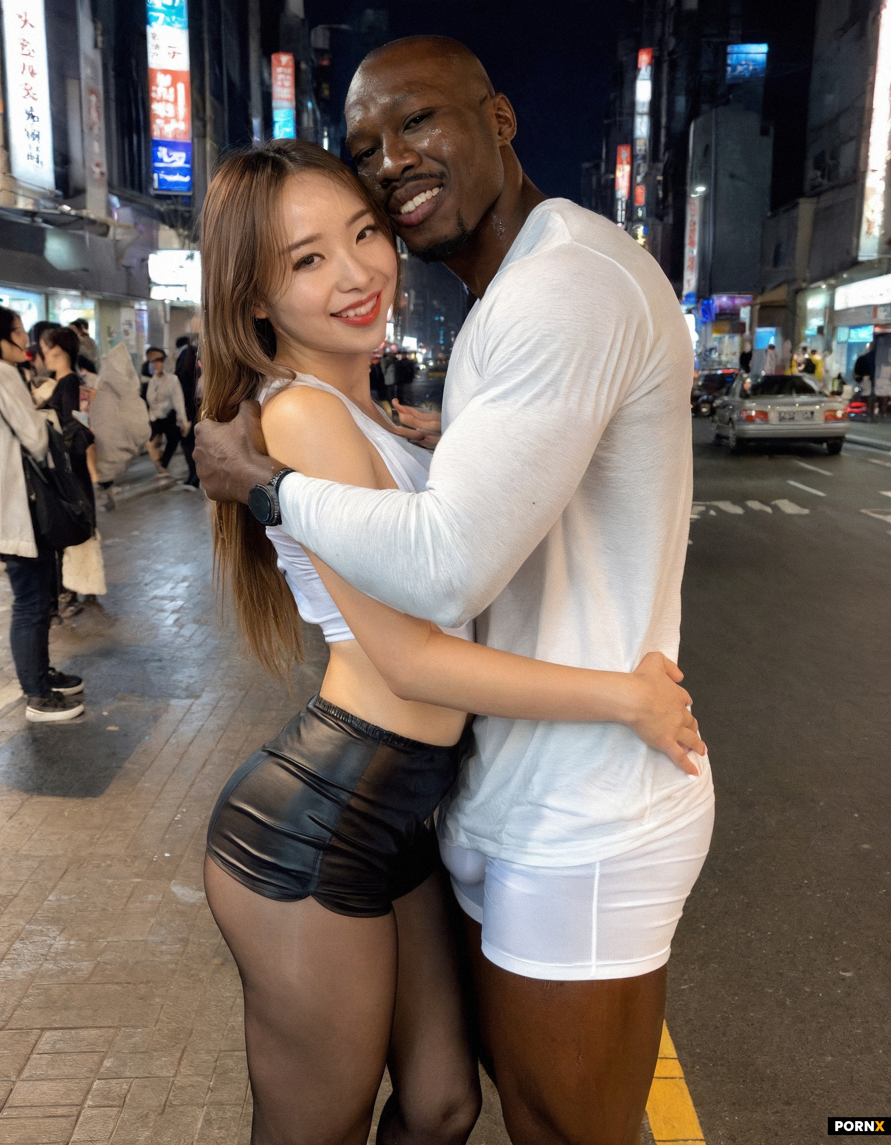 21 years old Korean woman hugging with a muscular African man