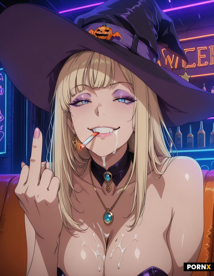 masterpiece, best quality, highres, absurdres, 1girl, solo, long_hair, blonde_hair, blue_eyes, purple_eyeshadow, witch_costume, cleavage, witch_hat, gold_necklace, gold_pendant, cigarette, smoking, beer, middle_finger, exhaling_smoke, nightclub, neon_lights, halloween, smiling, mischievous. Her cigarette is in her mouth. Her big tits are nude. She uses the middle finger of her hand to make the playful gesture of flipping the bird. Her cigarette is in her mouth. Thick white cum streams on her tits.