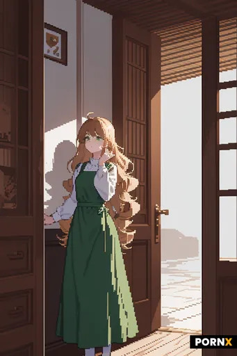 A stylized pixel art image of a tired twenty‑year‑old girl: long curly chestnut hair