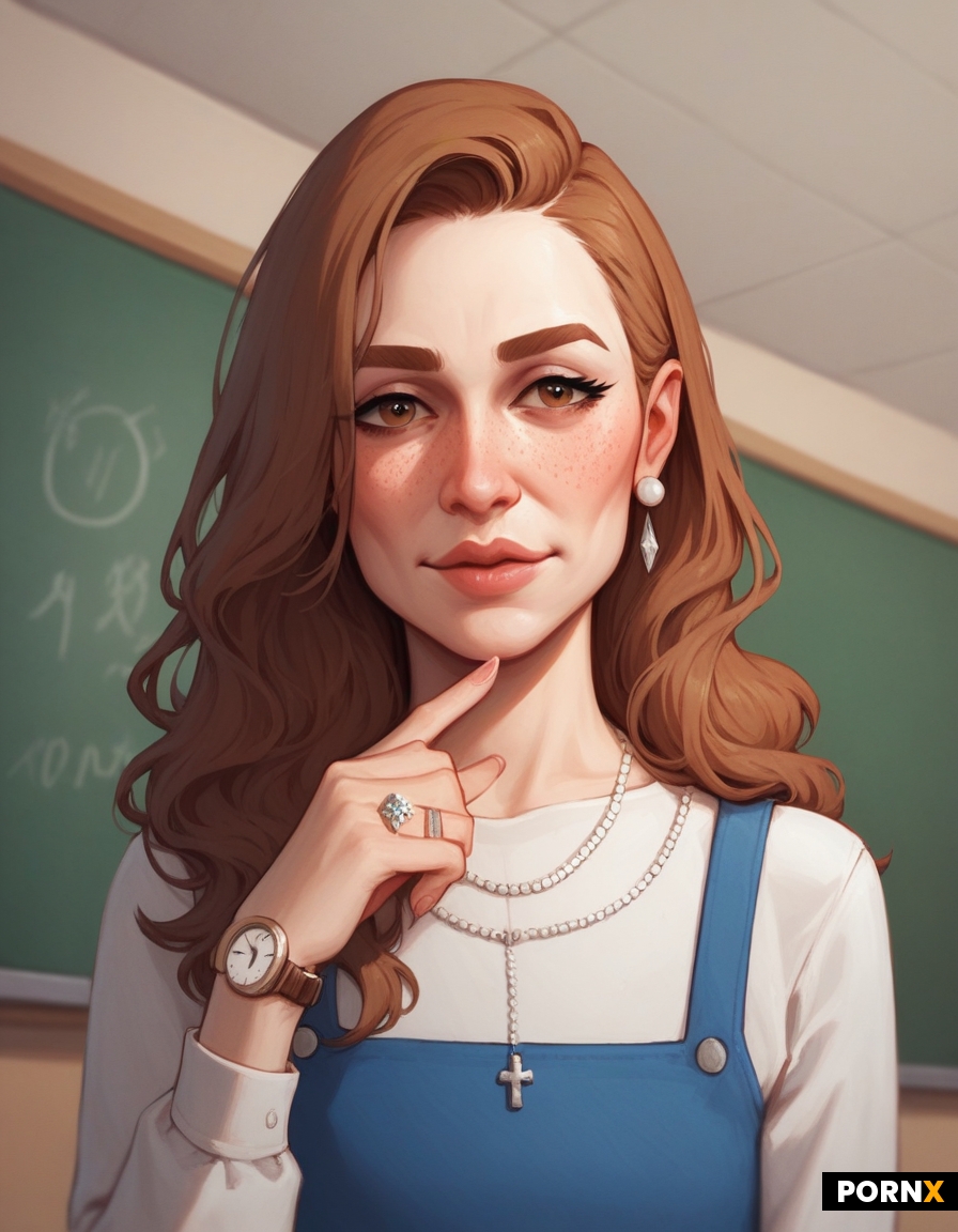 Married frumpy teacher-mom in 80's teachers clothes standing in front of a classroom