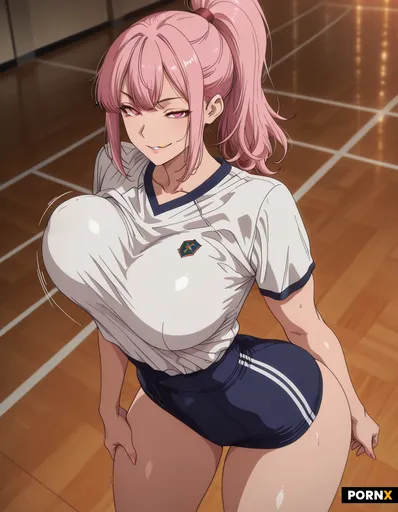 A 19-year-old athletic Japanese woman with a high ponytail