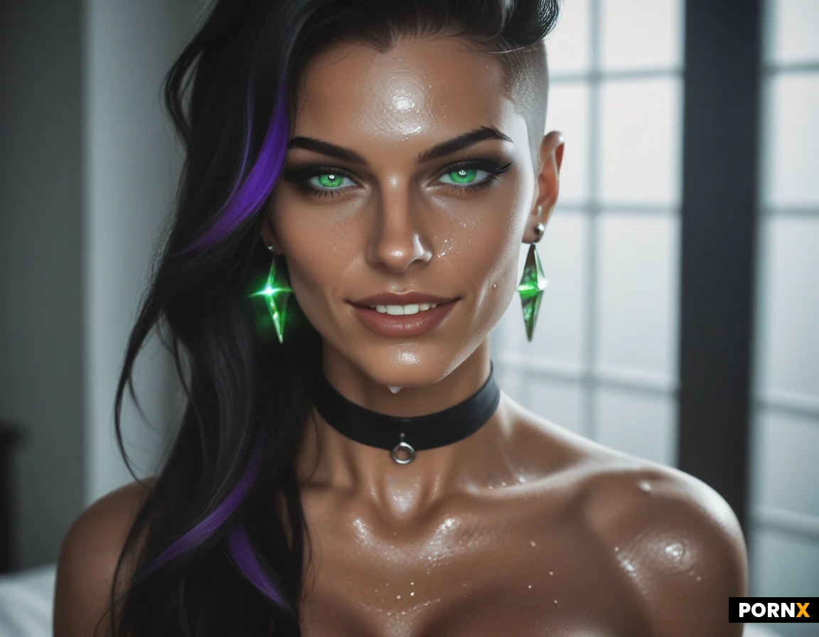 view from above,man's penis just ejaculated huge cum onto her face,(cum on face),cum dripping on her face,cum on nude breasts, beautiful German-Argentinian woman,skinny,sexually attractive,nude,very long black hair,(very long purple highlights),long thick ponytail, hair over one eye, undercut, (Ultra detailed face),thin nose,long sharp pointed nose: 1.5,firm wide jaw,(seductive sparkling green eyes: 1.4),black eyeshadow makeup,dark eyeliner,dark tanned skin: 1.1, (medium fake breasts),(round spherical breasts),(perky breasts),(firm breasts),(nude cleavage),close-set breasts,toned body,green Earrings,sweaty skin,dark bedroom,(seductive eyes),choker,she is holding his cock,erect nipples, mischievous grin