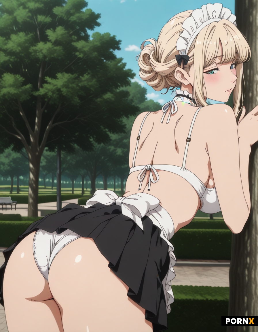 a blonde with a lush curly hairstyle is leaning over in a park