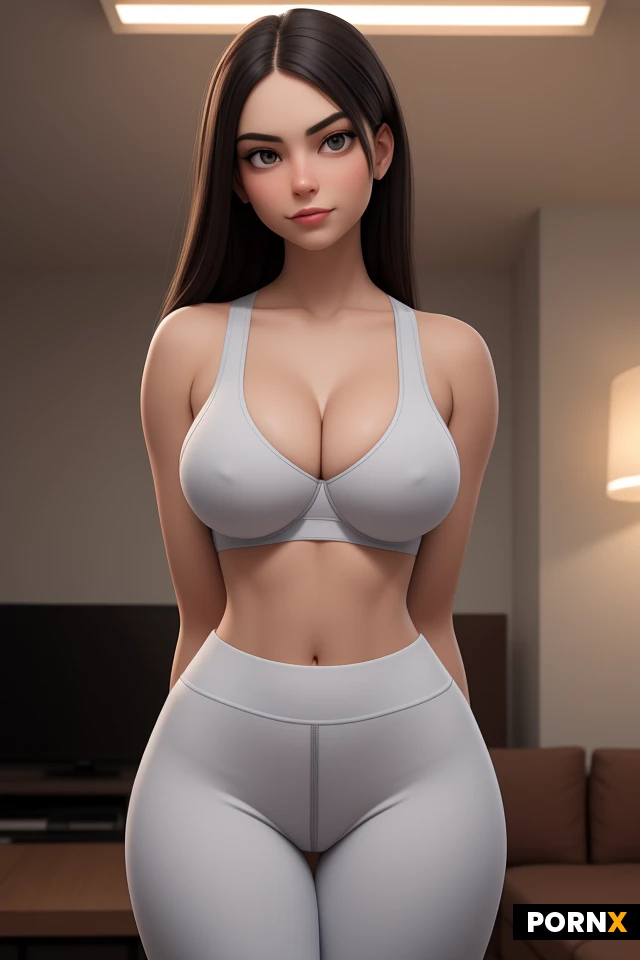 A high-resolution portrait. A 20-years-old woman with a toned body and slim waist. Huge, massive, enormous, soft, natural-sagging breasts. Wearing a tight sports-bra with cleavage and underboobs, in sweatpants. Standing in living-room. Superior countenance looking straight with distain. The camera shoots from a high angle, framing her body against the dimly lit room, rendered in cinematic digital photography style with rich contrast and a smooth, glossy finish.