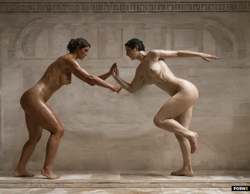Two strong naked female Olympic athletes wrestling