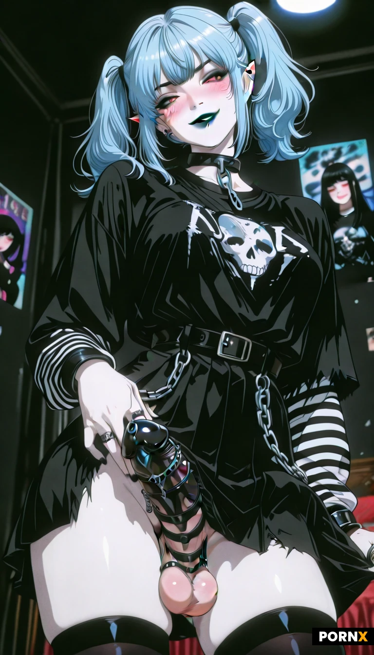 8k definition, super realistic,1 transgender female, pretty face, (emo, goth: 1.1), 20s, pale white skin, long blue hair, long black hair, twintails, long bangs, red eyes, blush, blushed nose, black eyeshadow, black lipstick, elf_ears, white freckles, standing position, skirt lifted by hand,, (see large_penis and balls, with multi piercing ring and chain on penis, :1.4), head tilt, smirk, looking at viewer, loose black shirt, striped long sleeve beneath, torn shirt, black high waisted skirt, belt with chain loops, black thigh highs, background, bedroom, black walls, posters, low angle, volumetric lighting, (depth of field: 1.1)
