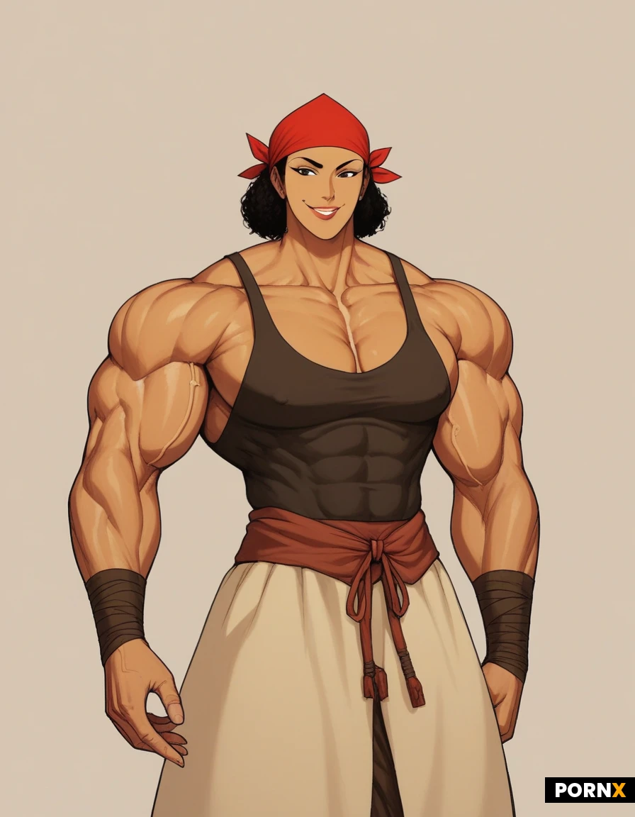 (Anime). Feminine. Tribe cosplay. Muscular. Goddess. Bandana. Smile. Medium hair. Thick. Buff. Tan skin. Bulging veins. Biceps. Tank top