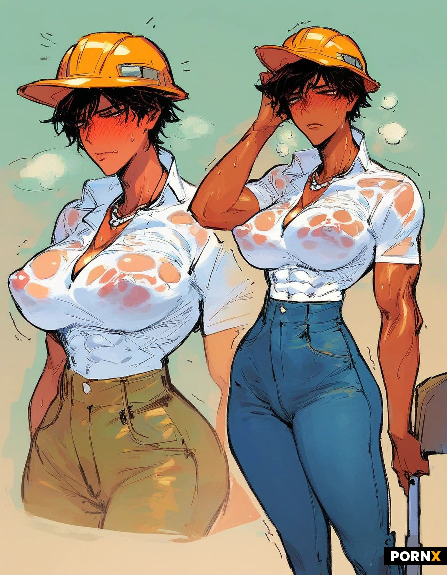 Construction site, hard hat,Tomboy,embarrassed, shy, blushing, pretty, cute, tight white shirt, jeans, , curvy, big breasts, small waist, , sweaty, very sweaty,wet dress, abs outline,,standing,, nipple outline, cute shy pose,transparent dress,painted nails,wet hair,tanned golden skin, , big pouty lips, short hair, necklace, cold, shivering, shaking,