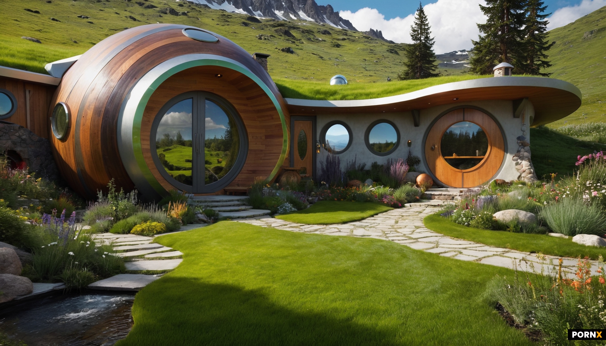 A short sexy goblin woman with pierced ears in front of a futuristic sci-fi style hobbit house in th