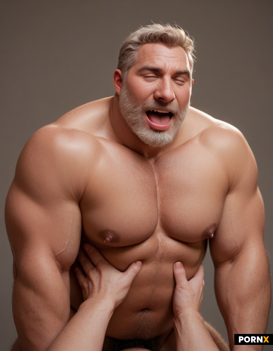 Create an image of a white hairy bear daddy tickling a chubby hairy black man naked