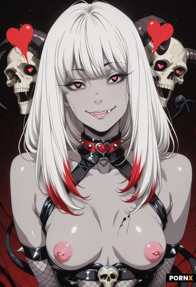 (succubus goddess with pale Grey skin, fishnets)
( white hair that has the tips dyed red : 2.0)
Close up
Spiked leather collar
Grinning, fangs showing
(small-breasts : 1.5)
(heart-shaped nipples : 2.0)
(skull belt 1.3)
(long tail that wraps around her body)
(Black eyes heart eyes : 2.0)
Multiple perspectives and angles, cinematic, high-contrast horror atmosphere reminiscent of dark fantasy
(Junji-ito art style : 2.0)