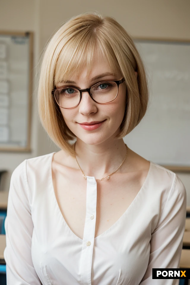A confident thirty year old woman, with a blonde hair and a bob cut, pale skin, a cute face and seductive smirk, wearing glasses, teacher clothes and a blouse