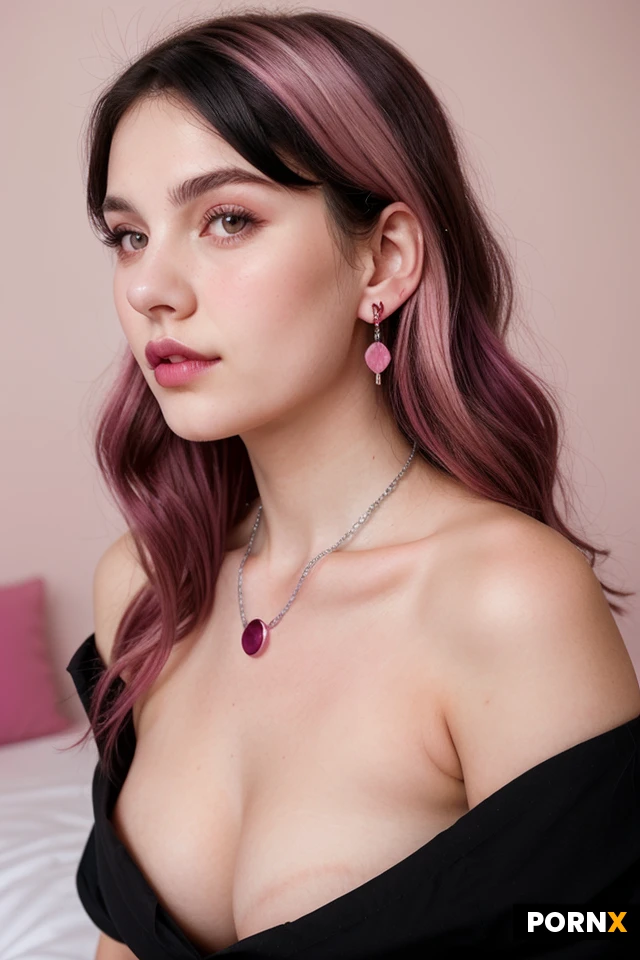 18 year-old adult woman with fair porcelain skin, delicate oval face, rosy cheeks, full pink lips. Long, wavy jet-black hair with magenta and pale-pink streaks framing her face. bedroom, layered silver necklaces, small earrings, and rings. Alternative soft-goth aesthetic. short, skinny, portrait, big tits