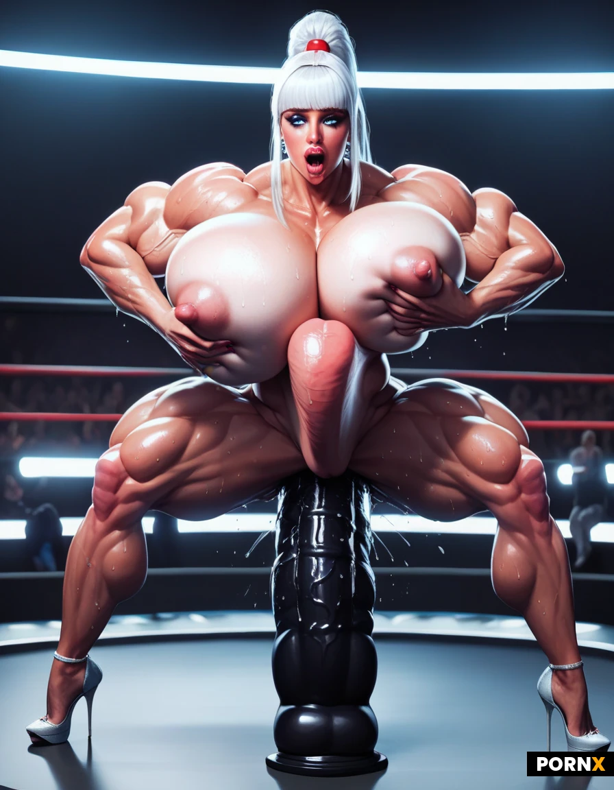 (1 person only showing off proudly),(Beautiful British Woman size queen bimbo),(Muscular:1.9),(platinum Hair Ponytail Bangs),Blue eyes,Makeup,Busty Lips,(sweaty skin),(massive saggy Breasts),(Hourglass figure),naked,(absolutely insatiable),(Incredibly sluty),(puffy nipples), (mounting gigantic anal dildo:1.2) (making stomach Bulge:1.2),(breast self-grab),(world's biggest slut competition stage:1.2).full body view