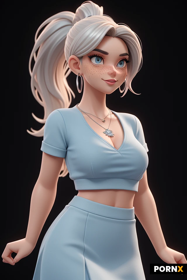 1girl, standing before a black background, busty, cute face, freckles, ponytail, blond hair, Adorable face, sky blue skirt, small silver top, necklace, funny, posing for a model photo, looking at camera, seducing, perfect hands, highly detailed, octane render, cinematic, highly detailed and intricate, rich deep colors, hips up picture