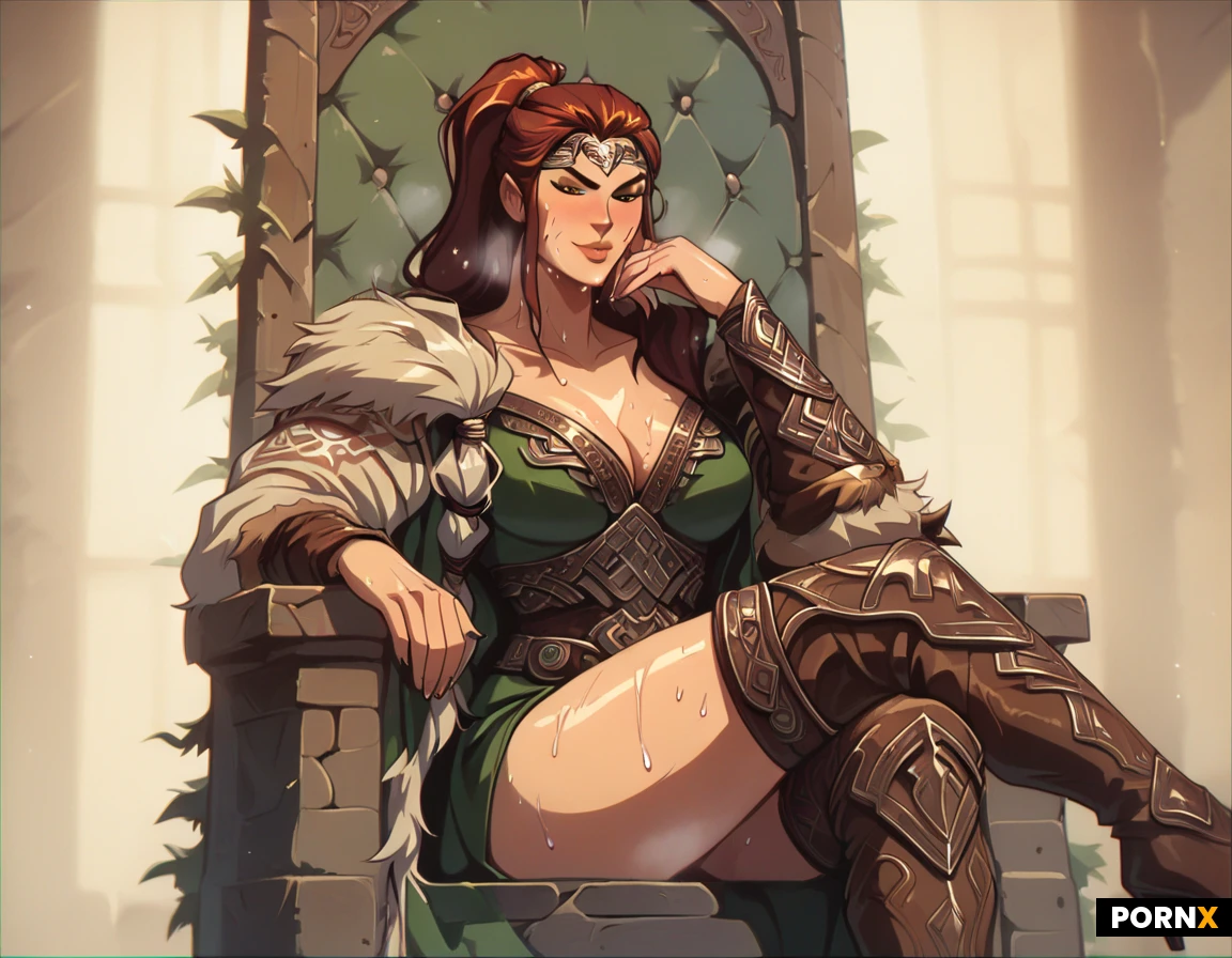 glossy lips,(ponytail hairstyle:1.3),(sweaty:1.8),, (sexy viking outfit:1.6),medieval thigh high high heel boots,viking fur jacket, exposed tits, sitting seductive on throne, crossed legs, sultry smile,((close-up))