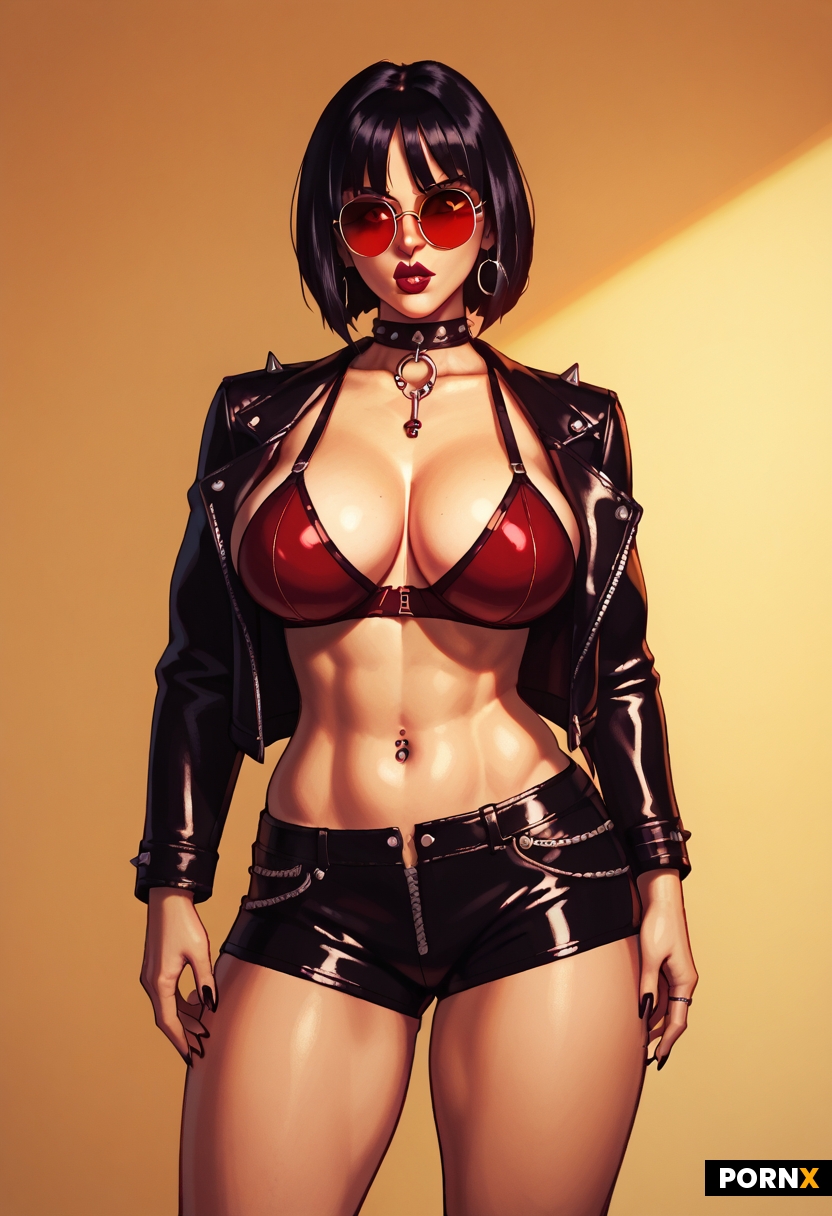 a curvy goth dominatrix with bangs