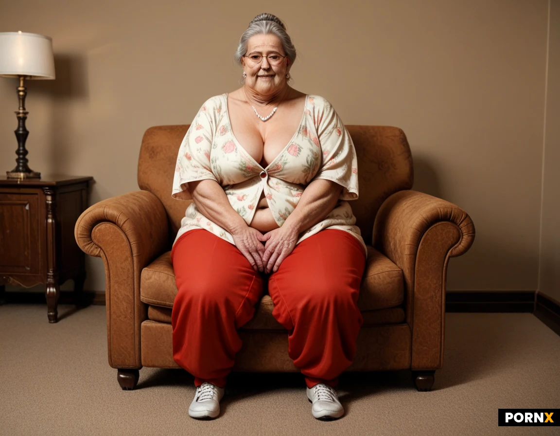 (((gilf))),german,very short, obese, very broad torso, large rounded belly, wide hips, heavy upper arms, thick thighs, broad calves, deeply stooped posture, broad round face, heavy cheeks, pronounced jowls, multiple folds beneath the chin, small deep-set gray eyes, heavily hooded eyelids, prominent under-eye bags, sparse uneven white eyebrows, broad bulbous nose, thin lips, downturned mouth corners, deep forehead furrows, pronounced lines between the eyebrows, deep folds beside the nose and mouth, dense crow’s feet, pale skin, uneven skin tone, large brown age spots, visible pores, broken capillaries across the cheeks, deeply creased neck, wrinkled hands with prominent veins and swollen knuckles, thin white curls, thick glasses, oversized floral blouse, heavy knitted cardigan, loose trousers, orthopedic shoes, both hands gripping a reinforced rollator, nursing home common room, upholstered armchairs, indoor plants,realism,fantasy,straight