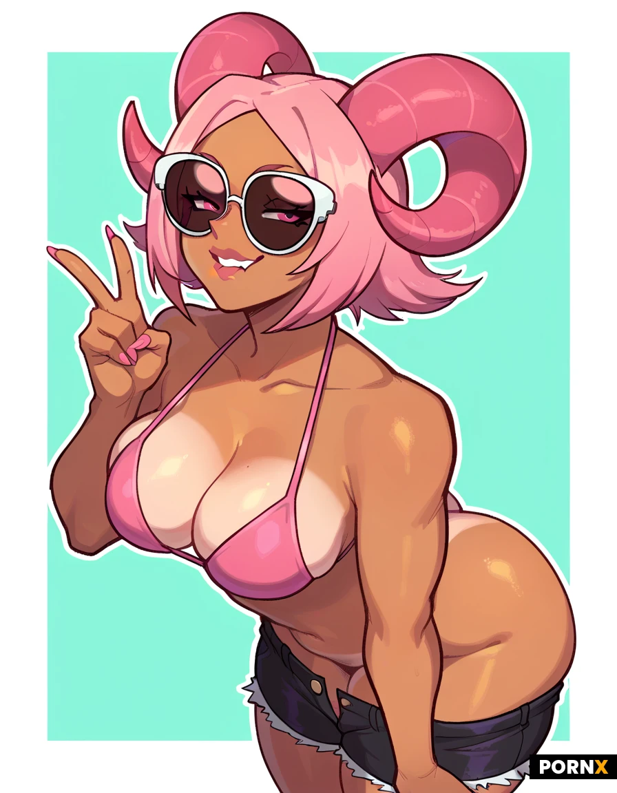 A hot girl of 21 years old is standing. She is slightly tanned, got small breast and a big round ass. She wear a bright pink bobcut and bangs haircut and there is two smalls pink horns just above her forehead, peaking out of her hairs. On her face big sunglasses with her bright pink eyes right under, she have a lot of makeup on. She is in a tight and pink bikini top and black shorts with a jean texture. She is looking at the camera, biting on her finger with a smug face.